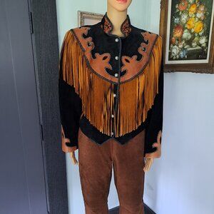 Cowgirl Diamond Leathers Suede / Leather Fringe Western Jacket Black Tan